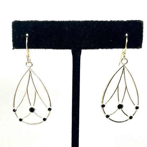 ART NOUVEAU STYLE BLACK GLASS STERLING SILVER DANGLE DROP HOOP EARRINGS 925 - Picture 1 of 10